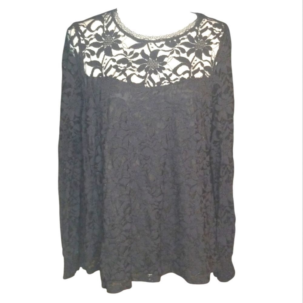Torrid Georgette Blouse Black lace Yoke Long Sleeve Size Large